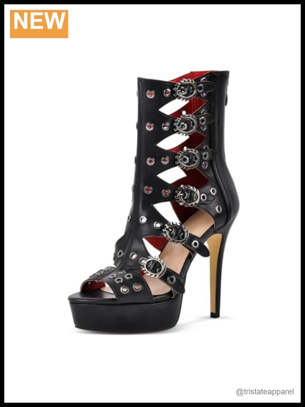 Women Stiletto Platform Sandals Cut-Out Straps Faux Leather Heeled Booties Zip